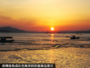 将滩涂染成红色海洋的卧温海边落日